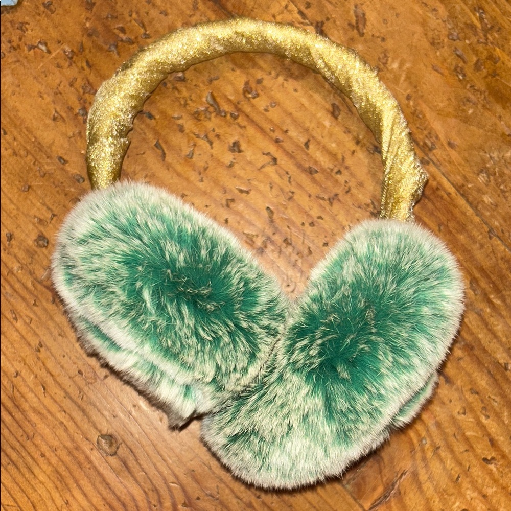 RARE! ADRIENNE LANDAU Emerald green REAL Fur Earmuffs UPCYCLED